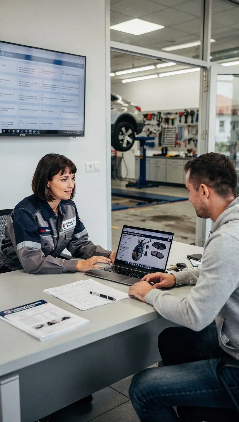 Servisný technik ukazuje zákazníkovi zábery z fotodokumentácie poškodených brzdových častí.