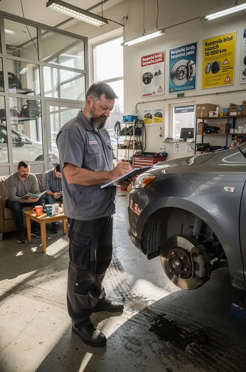 Technik v dielni rýchlo opravuje brzdový systém s použitím moderného náradia.